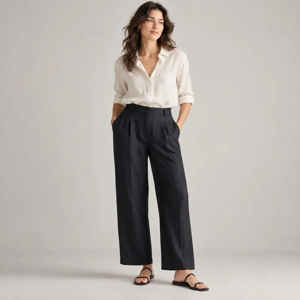 Quince 100% European Linen Pleated Trousers Black Size 14 Wide Leg High Rise